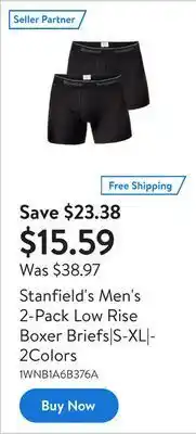 Walmart Stanfield's men's 2-pack low rise boxer briefs|s-xl|2colors offer