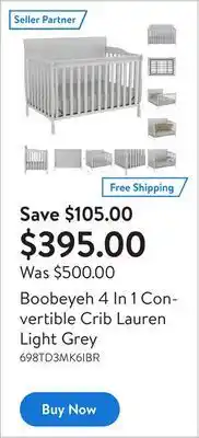 Walmart Boobeyeh 4 in 1 convertible crib lauren light grey offer