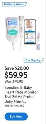 Walmart Sonoline b baby heart rate monitor teal 3mhz probe, baby heart monitor, backlight lcd, gel by baby doppler offer