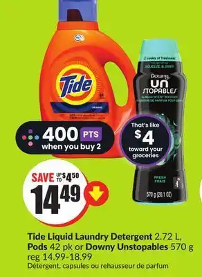 FreshCo Tide liquid laundry detergent 2.72 l or pods 42 pk downy unstopables 570 g offer