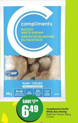 FreshCo Compliments pacific white raw shrimp shell-on frozen 340 g offer