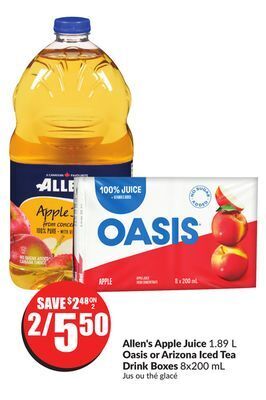 Chalo FreshCo Allen's apple juice 1.89 l oasis or arizona iced tea drink boxes 8x200 ml offer