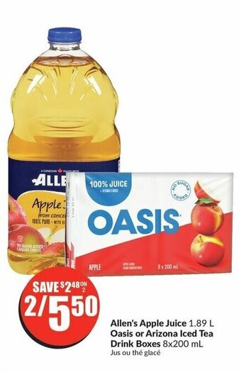 FreshCo Allen's Apple Juice 1.89 L Oasis or Arizona Iced Tea Drink Boxes 8x200 mL offer