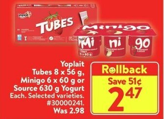 Walmart Yoplait Tubes 8 x 56 g, Minigo 6 x 60 g or Source 630 g Yogurt offer