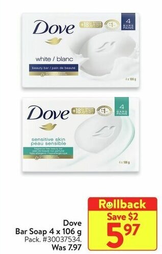 Walmart Dove Bar Soap 4 x 106 g offer