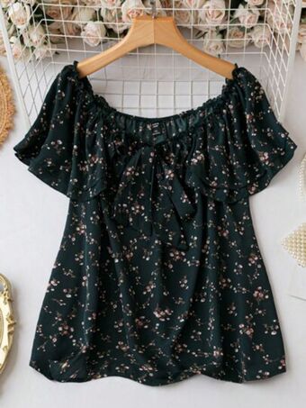 SheIn Shein vcay plus allover floral print knot front ruffle trim blouse offer