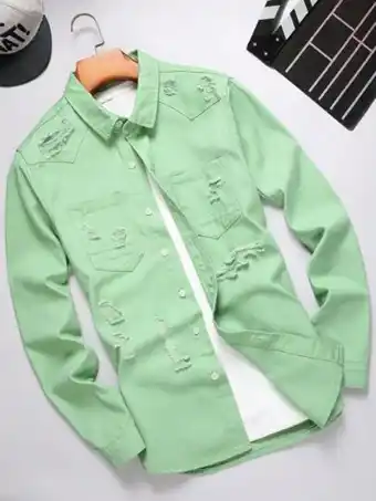 SheIn Men cotton ripped frayed flap pocket denim shirt without tee offer