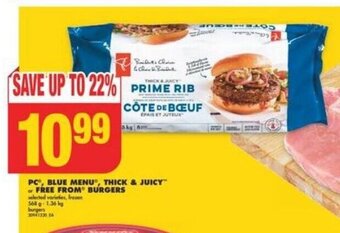 No Frills PC BLUE MENU, THICK & JUICY FREE FROM BURGERS offer