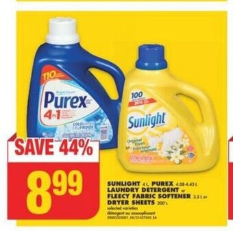 No Frills SUNLIGHT PUREX LAUNDRY DETERGENT FLEECY FABRIC SOFTENER or DRYER SHEETS offer