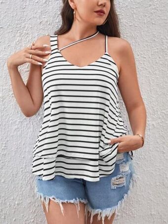 SheIn Shein lune plus striped print asymmetrical neck top offer