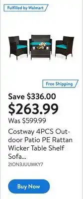Walmart Costway 4pcs outdoor patio pe rattan wicker table shelf sofa furniture set with cushion offer