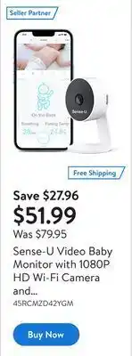 Walmart Sense-u video baby monitor with 1080p hd wi-fi camera and background audio, night vision, 2-way talk and motion detection - c offer