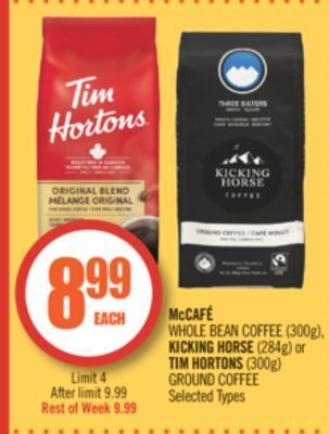 Shoppers Drug Mart Mccafé whole bean coffee (300g), kicking horse (284g) or tim hortons (300g) ground coffee offer