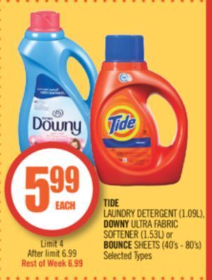 Shoppers Drug Mart Tide laundry detergent (1.09l), downy ultra fabric softener (1.53l) or bounce sheets (40's - 80's) offer