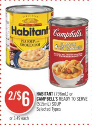 Shoppers Drug Mart Habitant (796ml) or campbell's ready to serve (515ml) soup offer
