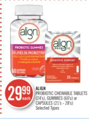 Shoppers Drug Mart Align probiotic chewable tablets (24's), gummies (60's) or capsules (21's - 28's) offer