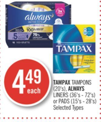 Shoppers Drug Mart Tampax tampons (20's), always liners (36's - 72's) or pads (15's - 28's) offer