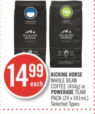 Shoppers Drug Mart Kicking horse whole bean coffee (454g) or powerade team pack (24 x 591ml) offer
