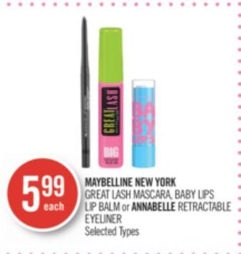 Shoppers Drug Mart Maybelline new york great lash mascara, baby lips lip balm or annabelle retractable eyeliner offer