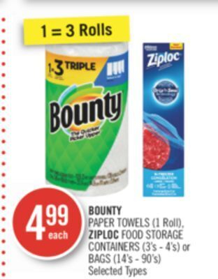 Shoppers Drug Mart Bounty paper towels (1 roll), ziploc food storage containers (3's - 4's) or bags (14's - 90's) offer