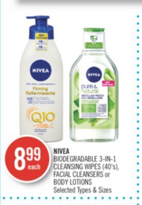 Shoppers Drug Mart Nivea biodegradable 3 in 1 cleansing wipes (40's) facial cleansers or body lotions offer