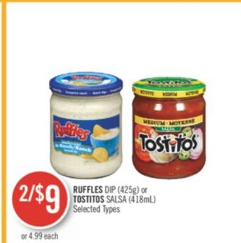 Shoppers Drug Mart Ruffles dip (425g) or tostitos salsa (418ml) offer