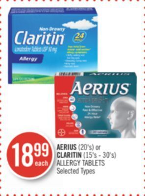Shoppers Drug Mart Aerius (20's) or claritin (15's - 30's) allergy tablets offer
