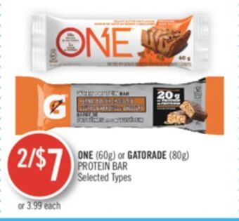 Shoppers Drug Mart One (60g) or gatorade (80g) protein bar offer