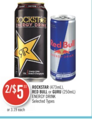 Shoppers Drug Mart Rockstar (473ml), red bull or guru (250ml) energy drink offer