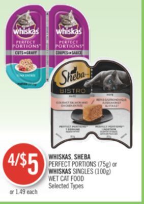 Shoppers Drug Mart Whiskas, sheba perfect portions (75g) or whiskas singles (100g) wet cat food offer