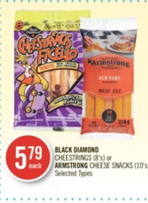 Shoppers Drug Mart Black diamond cheestrings (8's) or armstrong cheese snacks (10's) offer