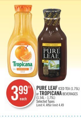 Shoppers Drug Mart Pure leaf iced tea (1.75l) or tropicana beverages (1.54l - 1.75l) offer