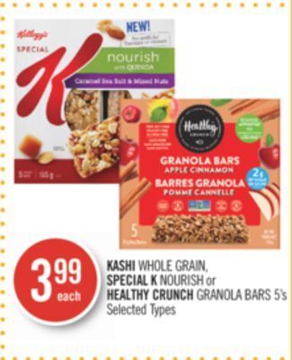 Shoppers Drug Mart Kashi whole grain, special k nourish or healthy crunch granola bars offer