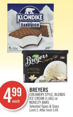 Shoppers Drug Mart Breyers creamery style, blends ice cream (1.66l) or novelty bars offer