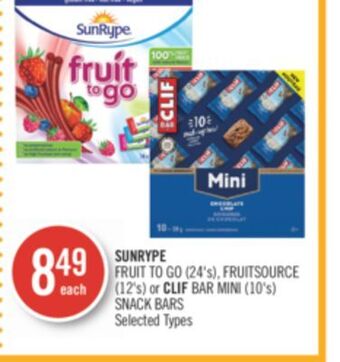 Shoppers Drug Mart Sunrype fruit to go (24's), fruitsource (12's) or clif bar mini (10's) snack bars offer