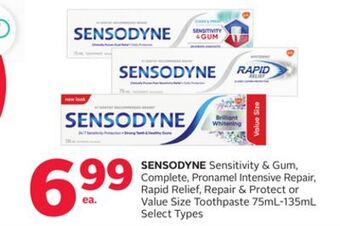 Rexall Sensodyne sensitivity & gum, complete, pronamel intensive repair, rapid relief, repair & protect or value size toothpaste offer