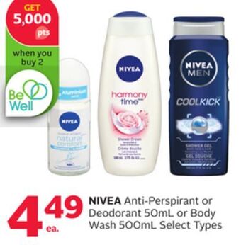 Rexall Nivea anti-perspirant or deodorant 50ml or body wash 500ml offer