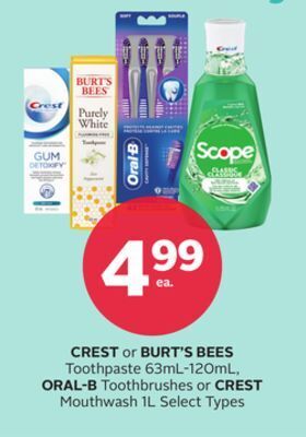 Rexall Crest or burt's bees toothpaste 63ml-120ml, oral-b toothbrushes or crest mouthwash 1l offer