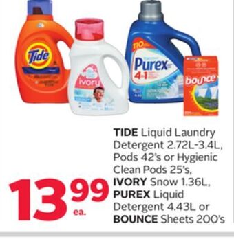 Rexall Tide liquid laundry detergent 2.72l-3.4l, pods 42' s or hygienic clean pods 25' s, ivory snow 1.36l, purex liquid detergent 4 offer