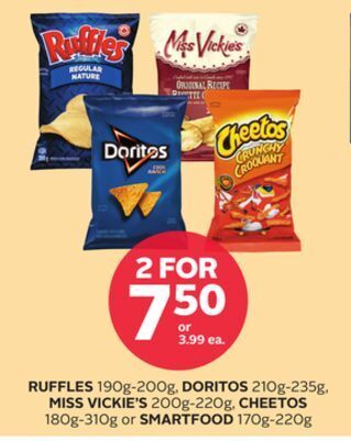 Rexall Ruffles 190g-200g, doritos 210g-235g, miss vickie's 200g-220g, cheetos 180g-310g or smartfood 170g-220g offer