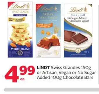 Rexall Lindt swiss grandes 150g or artisan, vegan or no sugar added 100g chocolate bars offer