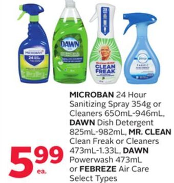 Rexall Microban 24 hour sanitizing spray 354g or cleaners 650ml-946ml, dawn dish detergent 825ml-982ml, mr. clean clean freak or cle offer