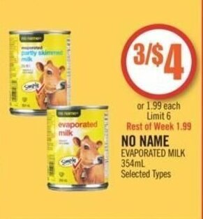 Shoppers Drug Mart NO NAME EVAPORATED MILK 354mL offer