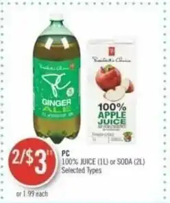 Shoppers Drug Mart PC 100% JUICE (1L) or SODA (21) offer