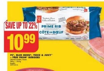 No Frills PC, BLUE MENU, THICK & JUICY or FREE FROM BURGERS offer