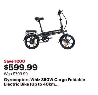 Best Buy Gyrocopters whiz 350w cargo foldable electric bike (up to 40km battery range / 25km/h top speed) - black offer
