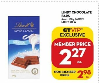 Giant Tiger LINDT CHOCOLATE BARS offer