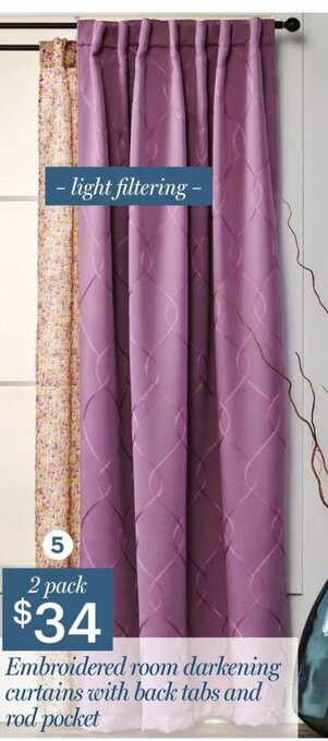 Giant Tiger 2 pack embroidered room darkening curtains with back tabs and rod pocket offer