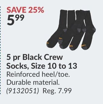 Princess Auto 5 pr black crew socks, size 10 to 13 offer