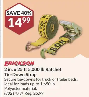 Princess Auto Erickson 2 in. x 25 ft5,000 lb ratchet tie-down strap offer